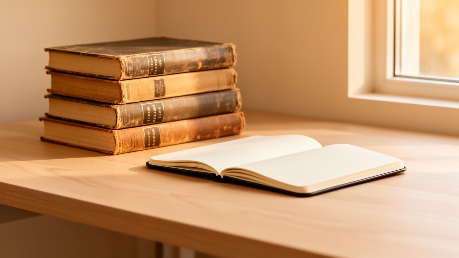 Stack of leather-bound classical books in warm afternoon library light