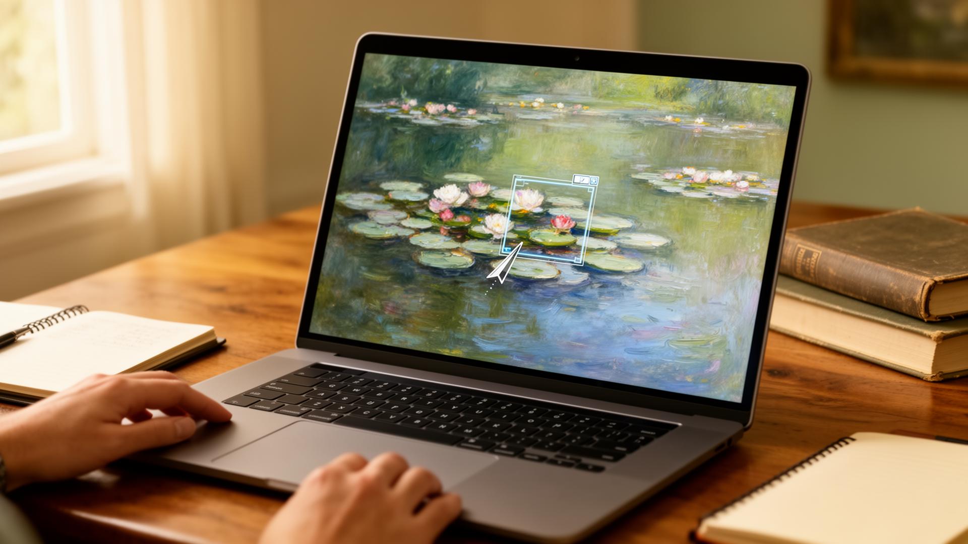 A laptop on a wooden desk displaying Monet's Water Lilies with subtle digital analysis overlays
